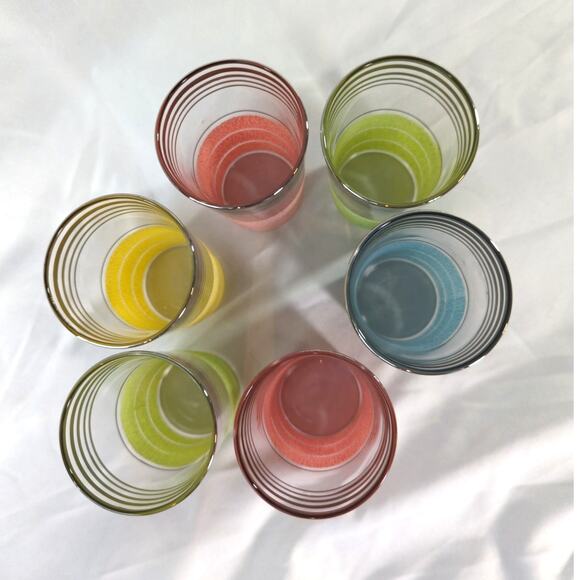 Set of 6 Vintage Pastel Sugar Frosted Juice Glasses Platinum Trim - Picture 5 of 6